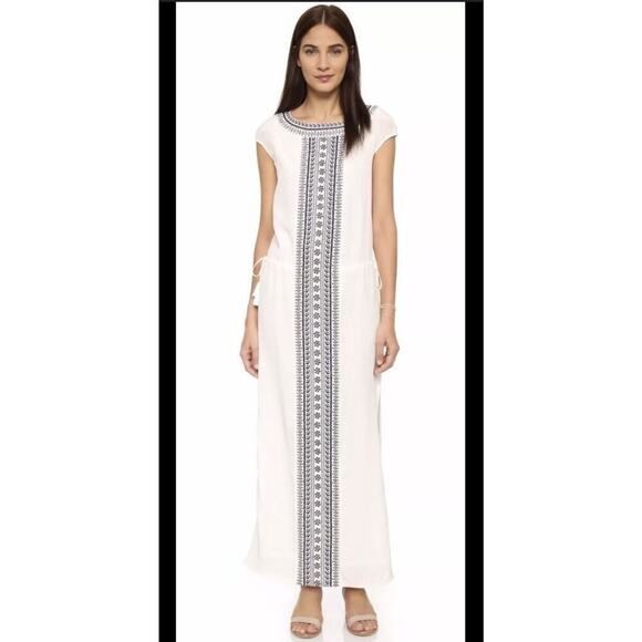Tory Burch Silk Embroidered Cinched Waist Tie Sleeveless Shift Maxi Dress Size L - Picture 1 of 14